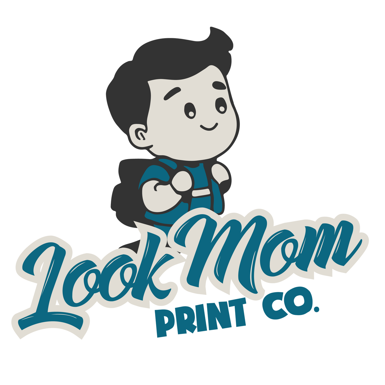 Custom screen printing and embroidery. A young boy with a backpack smiling behind large logo script text that says Look Mom and then below that, block font in light blue that says print co. 